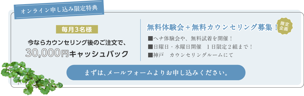 今ならカウンセリング後のご注文で、30,000円キャッシュバック