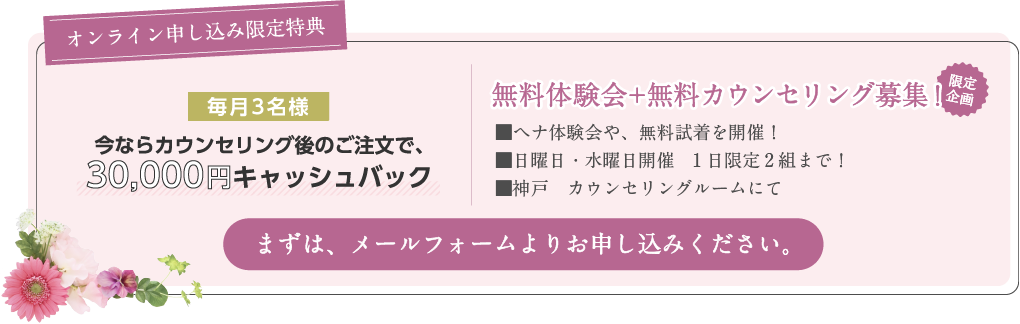 今ならカウンセリング後のご注文で、30,000円キャッシュバック