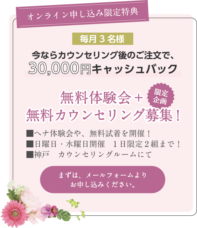 今ならカウンセリング後のご注文で、30,000円キャッシュバック